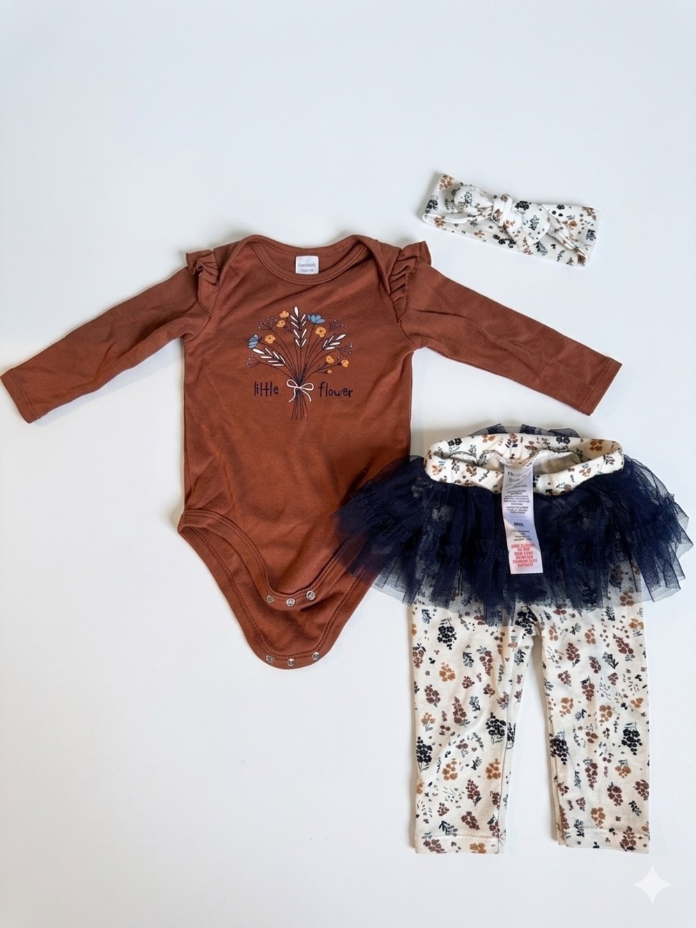 Rust Floral "Little Flower" Bodysuit Set with Navy Tulle Skirt